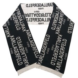 Karl Lagerfeld Paris Scarf Black White Logo Knit‎ Acrylic Reversible  70x10 EUC